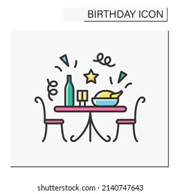 Celebration color icon. Birthday dinner in restaurant. Romantic party for couple. Birthday concept. Isolated vector illustration