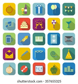 Celebration color icons with long shadow on white background