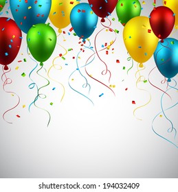 Celebration colorful background with balloons and confetti. Vector illustration. 