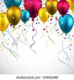 Celebration colorful background with balloons and confetti. Vector illustration. 