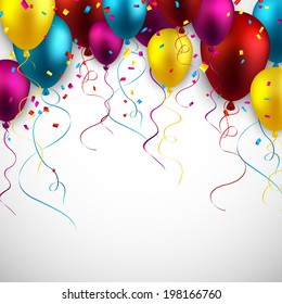 Celebration colorful background with balloons and confetti. Vector illustration. 