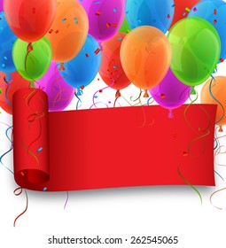 Celebration colorful background with balloons and confetti. Vector illustration. 