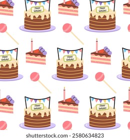 Celebration with colorful birthday cakes, sweets, and party decorations in cheerful design