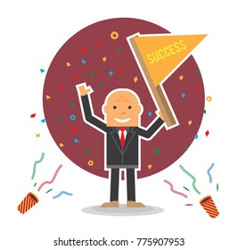 celebration colorful confetti of bald business man holding a success flag 