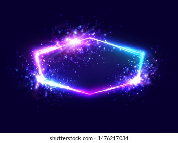 Celebration colorful neon light frame with star explosion particles on dark blue background. Blue, pink purple electric wiring sign with blank text space. 3d bright design element vector illustration.