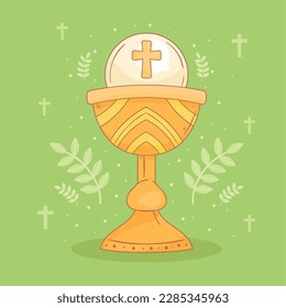 Celebration of Communion with bread and chalice over white