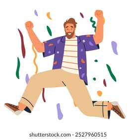 Celebration concept. A bearded man joyfully jumps with arms raised amidst colorful confetti. Ideal for themes of happiness, party, festivity, dance, and excitement. Contemporary flat style