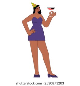 Concepto de celebración. Una alegre mujer de negocios en atuendo de fiesta brindando con un cóctel. Sentimiento festivo y celebración de eventos corporativos. Ilustración vectorial.