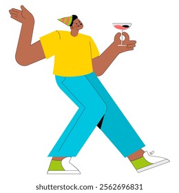 Celebration concept. Cheerful young man in party hat toasting with a glass of wine, expressing joy and excitement. Birthday or festive occasion enjoyment. Vector illustration.