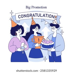 Celebration concept. Colleagues enjoying a promotion party with a congratulatory banner, trophy, and cake. Office celebration, team success, and recognition. Vector illustration.