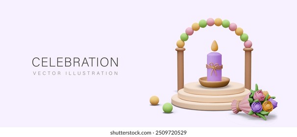 Celebration concept. Decorative arch with lit candle on stage, bouquet of flowers