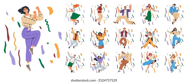 Celebration concept. A diverse group of people enjoying themselves, dancing, and jumping surrounded by colorful confetti. Ideal for party themes, multiculturalism, celebrations, joy, and festivals