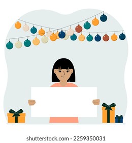 Celebration concept with garland, gift boxes and poster. A little girl smiles, rejoices and celebrates a birthday, name day, or a festive event. Vector flat illustration
