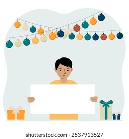 Celebration concept with garland, gift boxes and poster. A little boy smiles, rejoices and celebrates a birthday, name day, or a festive event. Vector flat illustration