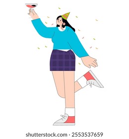 Celebration concept. Joyous young woman toasting with a wine glass at a party, confetti adorns the festive moment. Vector illustration.