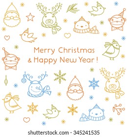 Celebration concept - lots of new year and christmas symbols isolated on white background with hand written greetings or place for your text. Vector seamless background. Card template.
