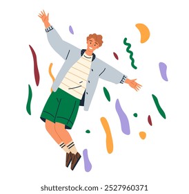 Celebration concept. A man dressed casually in a striped shirt and green shorts appears to be jumping or dancing with arms outstretched amid colorful confetti. Ideal for party, joy, happiness