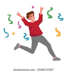 Celebration concept. A man jumps happily with his arms raised amid colorful confetti. Ideal for themes of happiness, party, festivity, dance and excitement. Contemporary flat style.