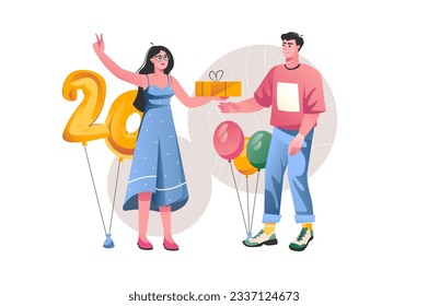 Celebration concept with people scene in the flat cartoon design. The girl came to congratulate her friend on his birthday. Vector illustration.