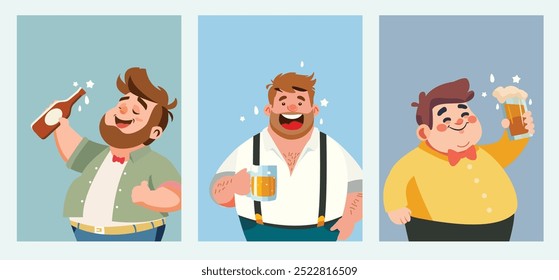 celebration concept. set of happy chubby - fat man cartoon character vector, holding beer. birthday card, invitation card, sale - promotion poster banner