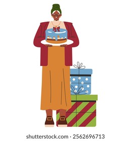 Celebration concept. A stylish businesswoman holds a birthday cake next to a stack of wrapped gifts. Festive office party preparation. Vector illustration.