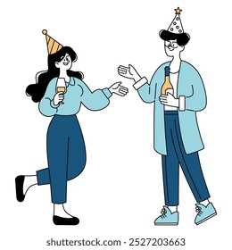 Concepto de celebración. Dos personas con sombreros de fiesta disfrutando de un brindis amistoso. Fiesta informal de oficina, amistad y alegría. Ilustración vectorial.