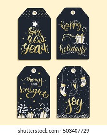 Celebration concept - Vector set of templates for Christmas and New Year. Christmas labels made in black, white and gold colors for your text.