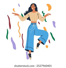 Conceito de celebração. Uma mulher dança alegremente com confetes coloridos e galhardetes ao seu redor. Ideal para convites de festa, eventos festivos, entusiasmo de dança, ocasiões alegres e celebração