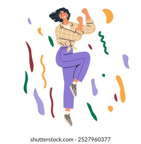 Celebration concept. Woman dancing energetically with colorful confetti around her, wearing a checkered shirt and purple pants. Ideal for parties, festivals, joyful events, lifestyle promotions