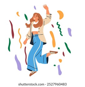 Concepto de celebración. Mujer bailando alegremente rodeada de serpentinas de colores. Ideal para temas de fiesta, eventos festivos, ocasiones alegres, hitos personales, celebraciones de vacaciones. Ilustrativo