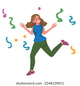 Celebration concept. a woman jumps happily with her arms raised amid colorful confetti. Ideal for themes of happiness, party, festivity, dance and excitement. Contemporary flat style.