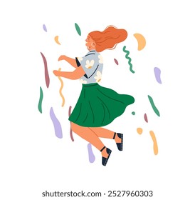 Celebration concept. A woman with red hair in a floral shirt and green skirt dances joyfully amidst colorful confetti and streamers. Ideal for party invitations holiday greetings dance events joyful