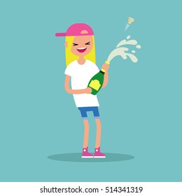 Celebration concept. Young blond girl opening a bottle of champagne and having fun. Opened champagne sprayed / flat editable vector illustration