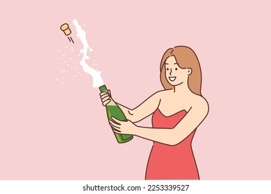 Celebration concept. Young girl opening a bottle of champagne and having fun. Opened champagne sprayed, flat editable vector illustration