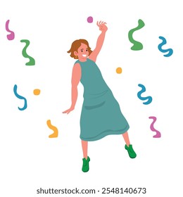 Celebration concept. a young woman jumps happily with her arms raised amid colorful confetti. Ideal for themes of happiness, party, festivity, dance and excitement. Contemporary flat style.