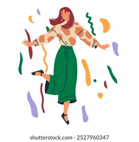 Celebration concept. Young woman with reddish-brown hair dances joyfully in a green skirt and patterned shirt amidst colorful abstract shapes. Ideal for party themes, holiday celebrations, festive