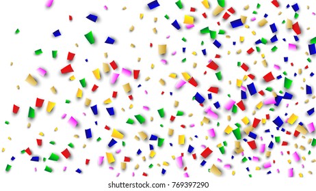 Celebration Confetti Background. Many Falling Confetti for Your Design. Holiday Decoration Elements on White Background. Festive Vector Illustration. Invitation Card, Poster, Flyer