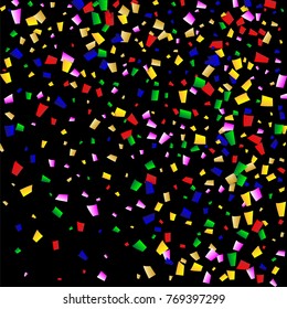 Celebration Confetti Background. Many Falling Confetti for Your Design. Holiday Decoration Elements on Black Background. Festive Vector Illustration. Invitation Card, Poster, Flyer