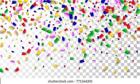 Celebration Confetti Background. Many Falling Confetti for Your Design. Holiday Decoration Elements on Transparent Background. Festive Vector Illustration. Invitation Card, Poster, Flyer