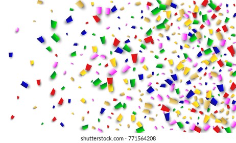 Celebration Confetti Background. Many Falling Confetti for Your Design. Holiday Decoration Elements on White Background. Festive Vector Illustration. Invitation Card, Poster, Flyer