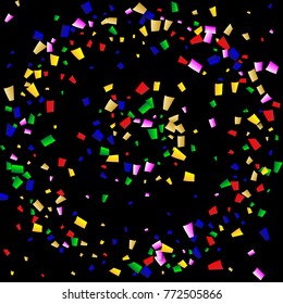 Celebration Confetti Background. Many Falling Confetti for Your Design. Holiday Decoration Elements on Black Background. Festive Vector Illustration. Invitation Card, Poster, Flyer