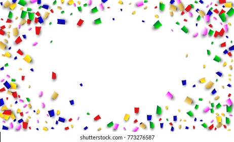 Celebration Confetti Background. Many Falling Confetti for Your Design. Holiday Decoration Elements on White Background. Festive Vector Illustration. Invitation Card, Poster, Flyer