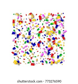 Celebration Confetti Background. Many Falling Confetti for Your Design. Holiday Decoration Elements on White Background. Festive Vector Illustration. Invitation Card, Poster, Flyer