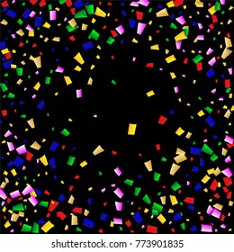 Celebration Confetti Background. Many Falling Confetti for Your Design. Holiday Decoration Elements on Black Background. Festive Vector Illustration. Invitation Card, Poster, Flyer