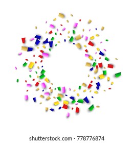 Celebration Confetti Background. Many Falling Confetti for Your Design. Holiday Decoration Elements on White Background. Festive Vector Illustration. Invitation Card, Poster, Flyer