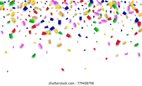 Celebration Confetti Background. Many Falling Confetti for Your Design. Holiday Decoration Elements on White Background. Festive Vector Illustration. Invitation Card, Poster, Flyer
