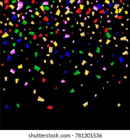 Celebration Confetti Background. Many Falling Confetti for Your Design. Holiday Decoration Elements on Black Background. Festive Vector Illustration. Invitation Card, Poster, Flyer