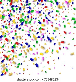Celebration Confetti Background. Many Falling Confetti for Your Design. Holiday Decoration Elements on White Background. Festive Vector Illustration. Invitation Card, Poster, Flyer