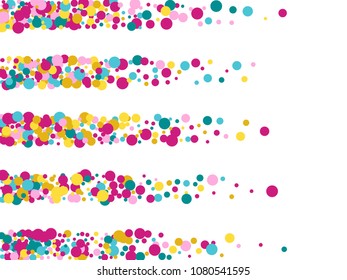 Celebration confetti circle decoration for banner background, holiday vector illustration. Childish color round confetti dots, circles chaotic scatter, trendy rich bokeh background.