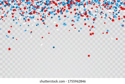 Celebration confetti in national colors of USA. Holiday confetti in US flag colors. 4th July independence day background.